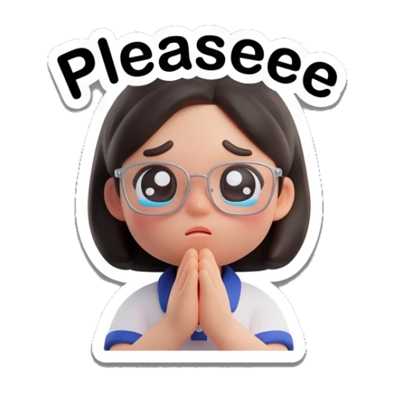 Girl with glasses looking pleadingly with hands together, saying Pleaseee. Cheerful Glasses Girl Daily sticker for expressive chats and social replies.