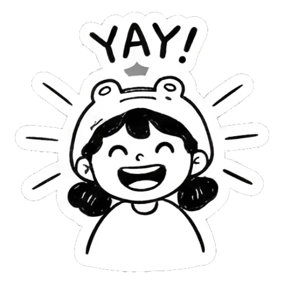 Girl in frog hat cheering with YAY text Froggy Girl Doodles sticker for expressive chats and social replies.