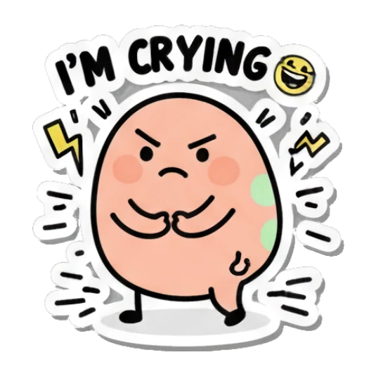 Annoyed egg with 'I'M CRYING' text and lightning. Little Egg Emotions sticker for expressive chats and social replies.
