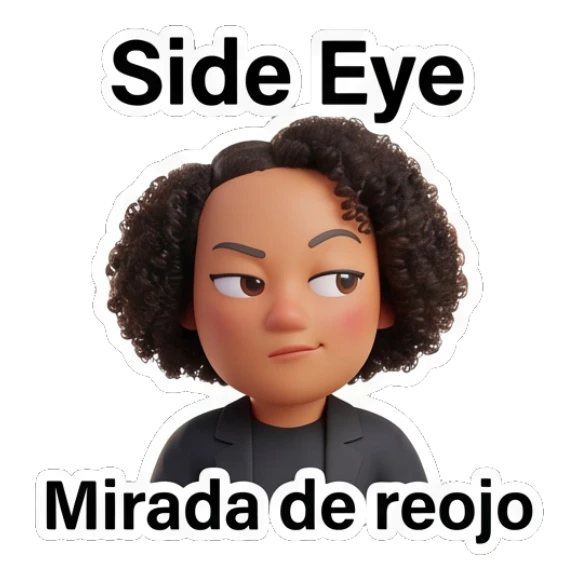 Curly hair girl giving a skeptical side eye with text Side Eye Curly Hair Girl Daily Vibes sticker for expressive chats and social replies.