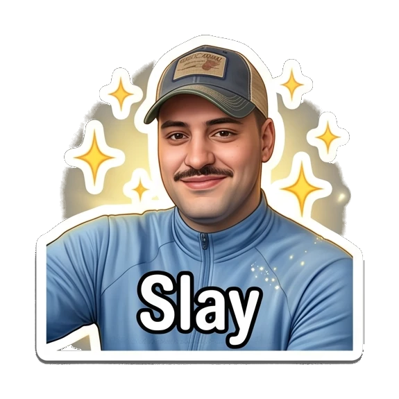 Man with mustache in cap looking fabulous with sparkles Mustache Guy Daily Vibes sticker for expressive chats and social replies.