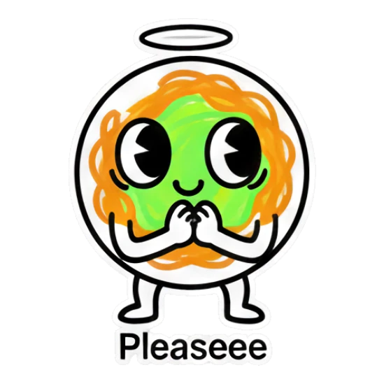 Noodle character with halo looking pleading and 'Pleaseee' text Noodle Buddy Emotions sticker for expressive chats and social replies.