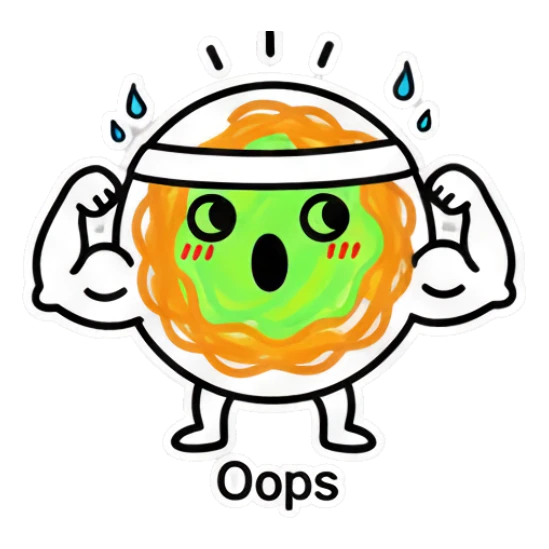 Noodle character flexing muscles with headband and 'Oops' text Noodle Buddy Emotions sticker for expressive chats and social replies.