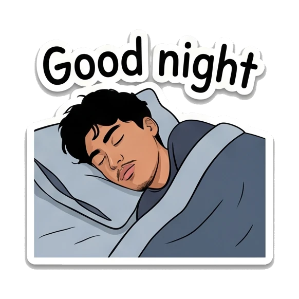 Young man sleeping in bed with text Good night Daily Life of a Cool Guy sticker for expressive chats and social replies.