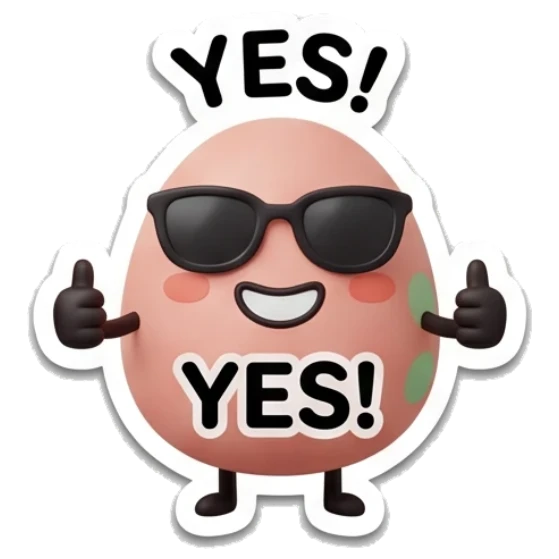 Pink egg wearing sunglasses giving double thumbs up with text YES! Pink Egg Moods sticker for expressive chats and social replies.