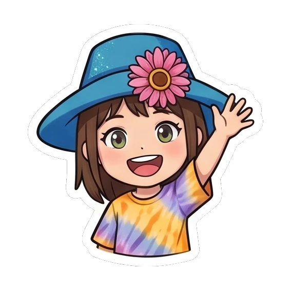 Girl in blue hat waving hello happily Summer Hat Girl Adventures sticker for expressive chats and social replies.