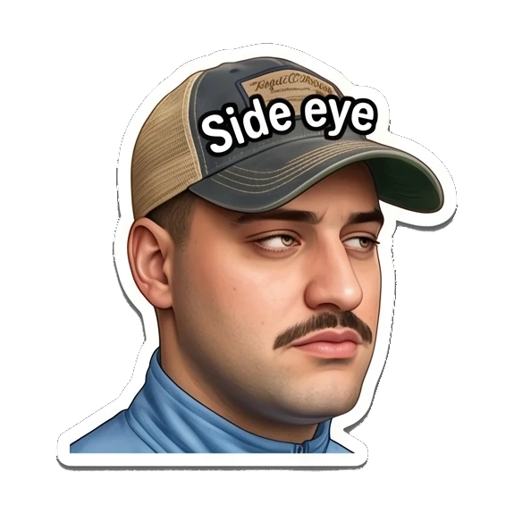 Man with mustache in cap giving a skeptical side eye Mustache Guy Daily Vibes sticker for expressive chats and social replies.