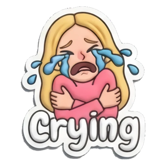 Blonde girl crying while hugging herself with Crying text Playful Blonde Girl Expressions sticker for expressive chats and social replies.