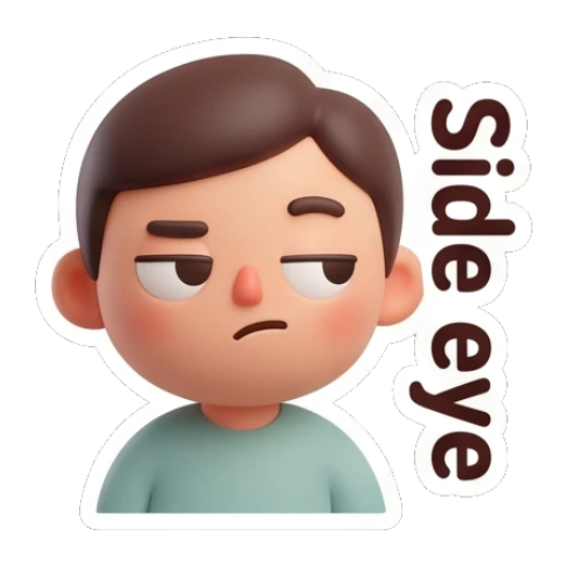 Skeptical boy giving a side eye look with Side eye text. Cute Boy Daily Expressions sticker for expressive chats and social replies.