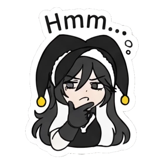 Jester girl thinking with 'Hmm...' text Jester Girl Daily Moods sticker for expressive chats and social replies.