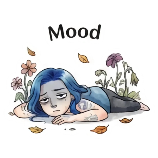 Blue-haired girl lying on the ground looking tired, text 'Mood' Blue-Haired Artist Daily sticker for expressive chats and social replies.