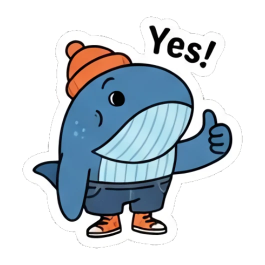 Confident blue whale giving a thumbs up and Yes! text Cool Blue Whale Vibes sticker for expressive chats and social replies.