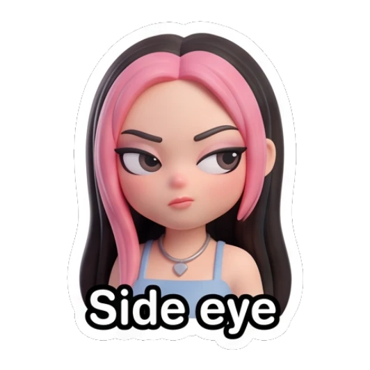 Girl giving a skeptical side eye with text Side eye Pink-Haired Trendy Girl sticker for expressive chats and social replies.