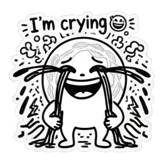 Round doodle character crying with streams of tears and 'I'm crying' text. Doodle Doodle Expressions sticker for expressive chats and social replies.