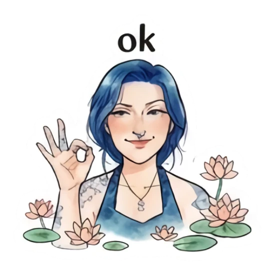 Blue-haired girl making an OK gesture with lotus flowers, text 'ok' Blue-Haired Artist Daily sticker for expressive chats and social replies.
