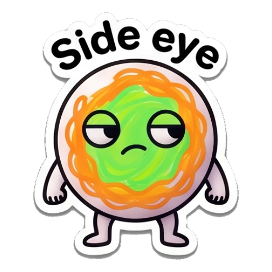 Citrus character giving a skeptical side eye look with text Side eye Citrus Buddy Adventures sticker for expressive chats and social replies.