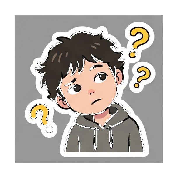 Boy with braces looking confused with question marks Cheerful Braces Boy sticker for expressive chats and social replies.