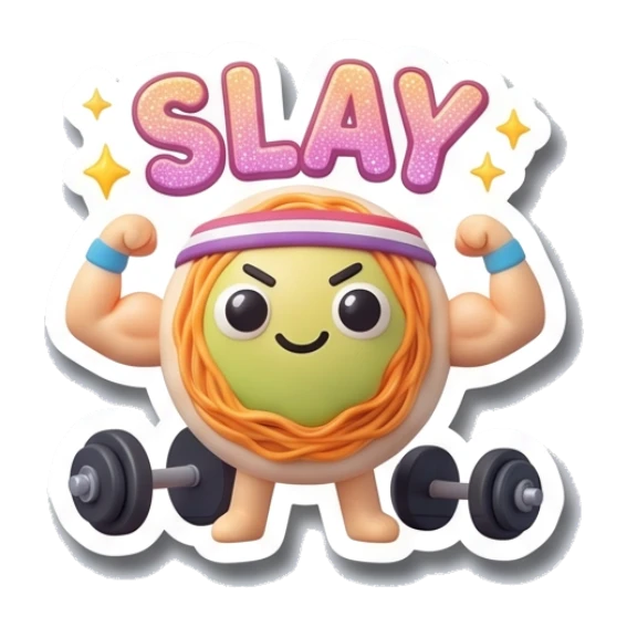 Noodle character flexing muscles with SLAY text Gym Buddy Noodles sticker for expressive chats and social replies.