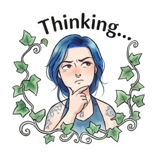 Blue-haired girl thinking with ivy vines, text 'Thinking...' Blue-Haired Artist Daily sticker for expressive chats and social replies.