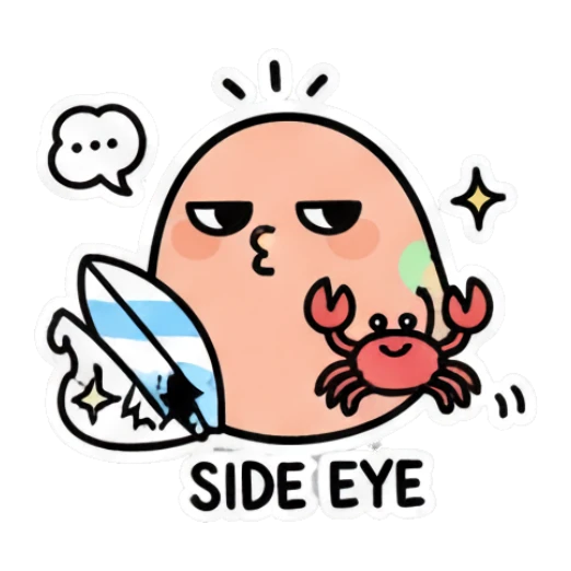 Pink egg character giving a side eye with a crab, text SIDE EYE Little Pink Egg Adventures sticker for expressive chats and social replies.