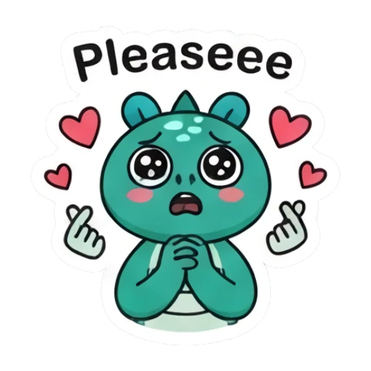 Pleading green dinosaur with puppy eyes and heart fingers with text Pleaseee Dino Pop Expressions sticker for expressive chats and social replies.