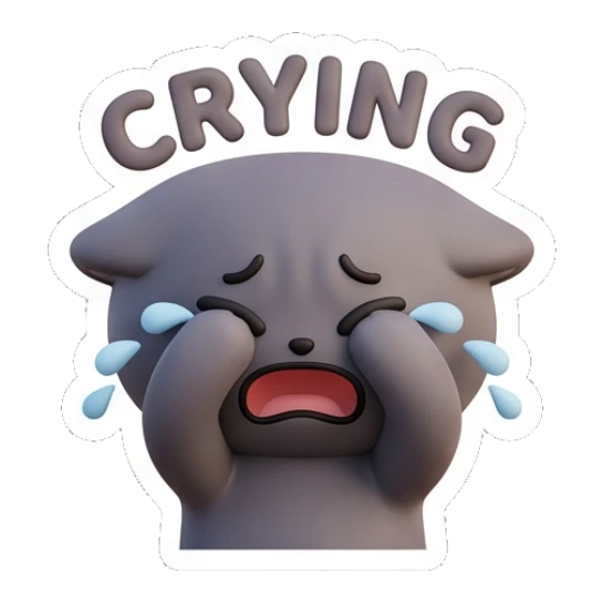 Sad grey cat crying with tears streaming down. Moody Grey Cat Daily sticker for expressive chats and social replies.