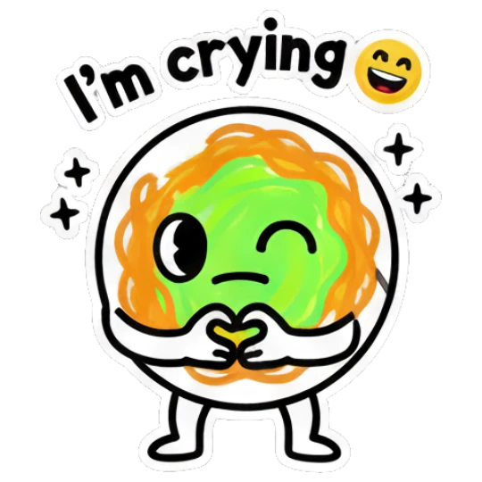 Noodle character crying with heart hands and I'm crying text Noodle Buddy Vibes sticker for expressive chats and social replies.