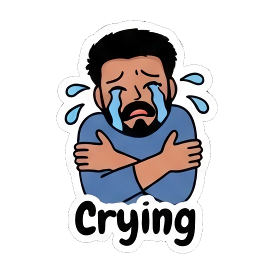 Crying bearded man hugging himself in sadness. Bearded Guy Daily Vibes sticker for expressive chats and social replies.