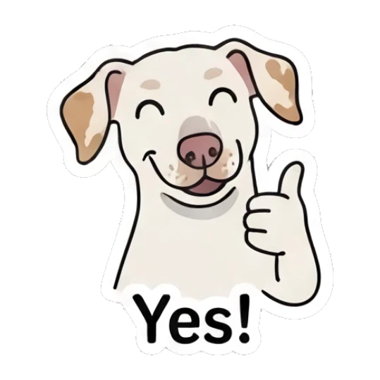 Happy puppy giving a thumbs up with text Yes! Playful Spotted Puppy Expressions sticker for expressive chats and social replies.