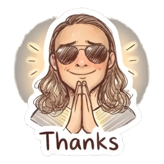 Man with hands together in gratitude, text 'Thanks' Cool Long-Haired Guy Vibes sticker for expressive chats and social replies.