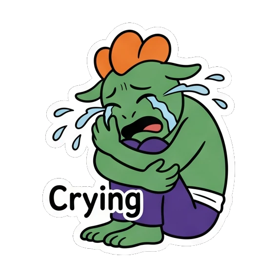 Sad green goblin curled up crying, text Crying Green Goblin Mischief sticker for expressive chats and social replies.