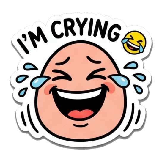 Laughing egg character with tears of joy and text I'M CRYING. Egg-cellent Moods sticker for expressive chats and social replies.