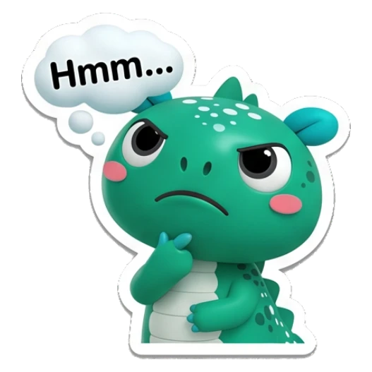 Teal dino thinking with a thought bubble and Hmm... text. Teal Dino Daily Moods sticker for expressive chats and social replies.