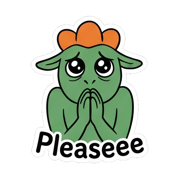 Pleading green goblin with wide puppy eyes, text Pleaseee Green Goblin Mischief sticker for expressive chats and social replies.