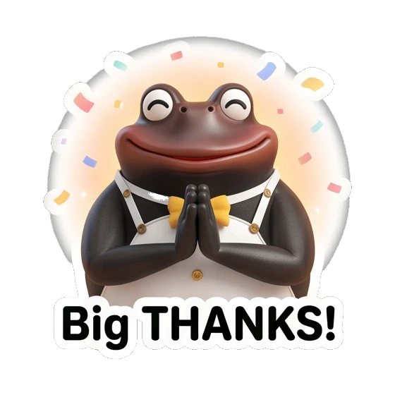 Frog with hands in prayer pose under confetti, text Big THANKS! Fancy Frog Sports Club sticker for expressive chats and social replies.