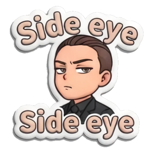 Man giving a suspicious side eye with 'Side eye' text Professional Suit Guy sticker for expressive chats and social replies.