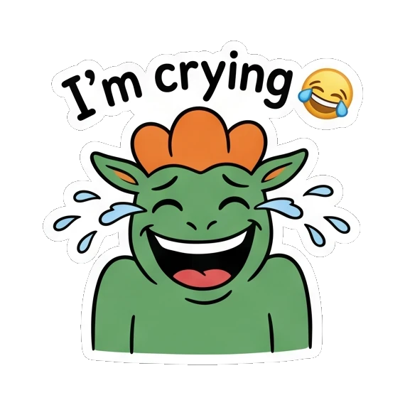 Laughing green goblin crying tears of joy, text I'm crying Green Goblin Mischief sticker for expressive chats and social replies.