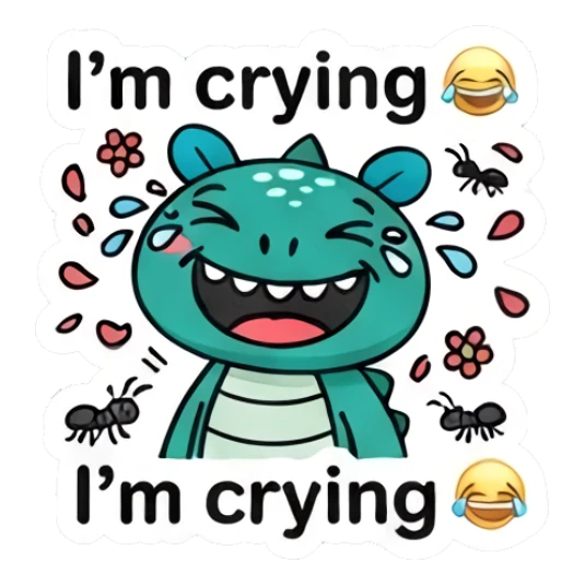 Laughing green dinosaur crying tears of joy with text I'm crying Dino Pop Expressions sticker for expressive chats and social replies.
