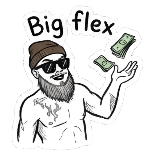 Bearded man flexing muscles while throwing money Bearded Guy Moods sticker for expressive chats and social replies.