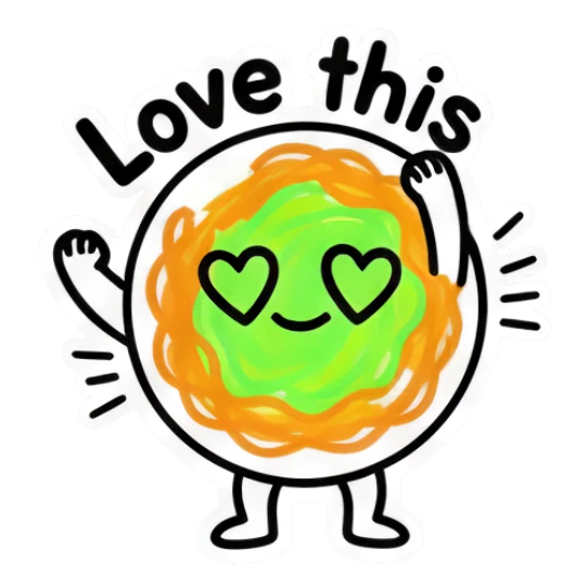 Noodle character with heart eyes and 'Love this' text Noodle Doodle Pals sticker for expressive chats and social replies.