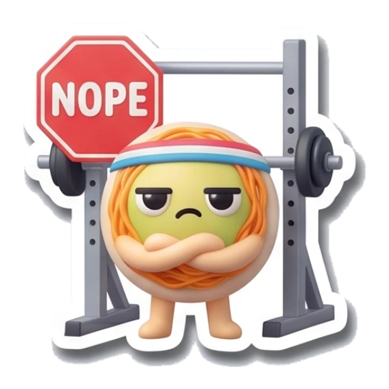 Noodle character looking annoyed at a stop sign with NOPE text Gym Buddy Noodles sticker for expressive chats and social replies.