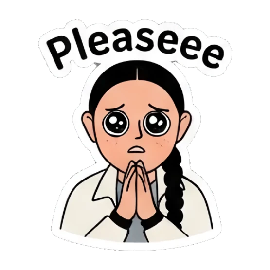 Woman with pleading eyes and hands together, text Please Diverse Duo Expressions sticker for expressive chats and social replies.