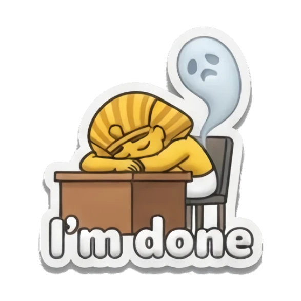 Exhausted pharaoh sleeping at a desk with I'm done text Golden Pharaoh Vibes sticker for expressive chats and social replies.