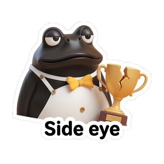 Frog looking at a broken trophy with side-eye, text Side eye Fancy Frog Sports Club sticker for expressive chats and social replies.