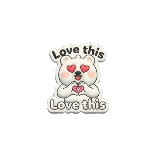 White bear with heart-shaped eyes making a heart gesture, holding a donut, text says Love this. Puffy Donut Bear sticker for expressive chats and social replies.