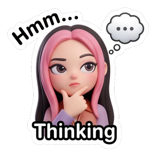 Thoughtful girl resting chin on hand with text Thinking Pink-Haired Trendy Girl sticker for expressive chats and social replies.