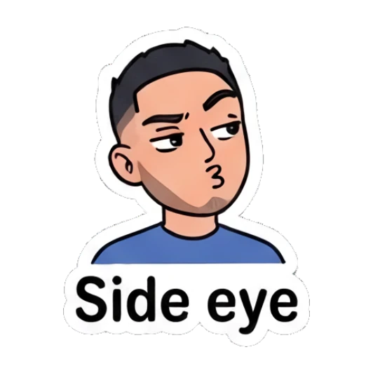 Young man looking sideways with a skeptical expression, side eye. Daily Vibe Guy sticker for expressive chats and social replies.