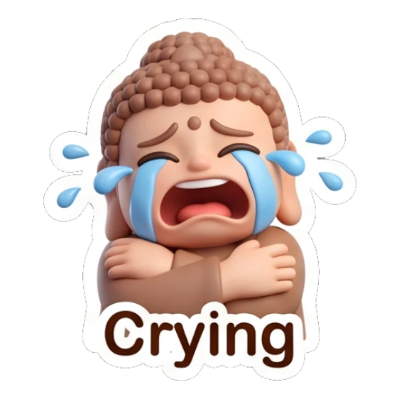Little Buddha crying loudly with blue tears streaming down. Zen Little Buddha Vibes sticker for expressive chats and social replies.