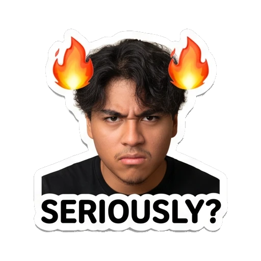 Young man looking angry with fire emojis, text 'SERIOUSLY?' Daily Life of a Cool Guy sticker for expressive chats and social replies.