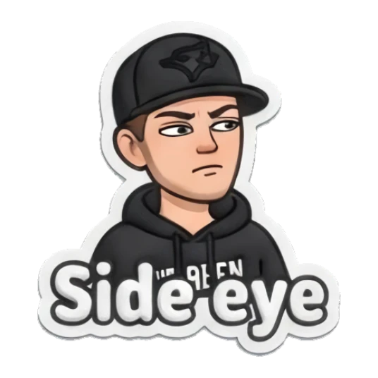 Guy giving side-eye with text Side eye Custom camojis sticker for expressive chats and social replies.
